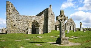 Stone ruins and crosses at Clonmacnoise.
