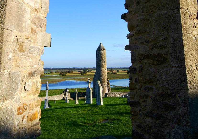 View of round tower through archway at Clonmacnoise.