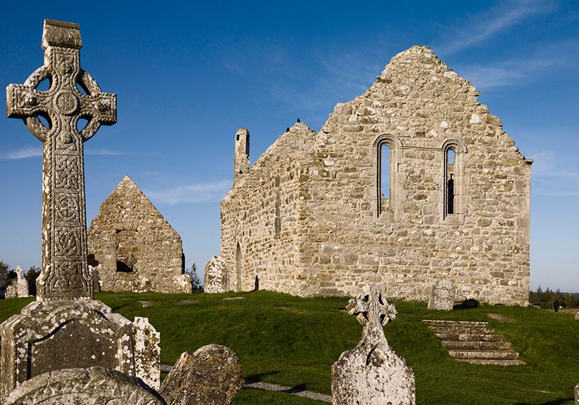 Stone ruins and gravestones at Clonmacnoise.