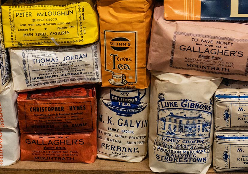 Various old food packaging such as flour and tea at DerryGlad Folk Museum.