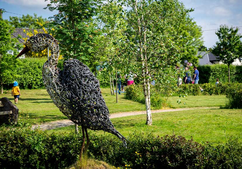 Metal stork sculpture at Dún na Sí Amenity & Heritage Park.