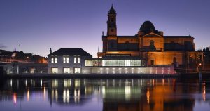 View of the Luan Gallery from across the river Shannon at night.
