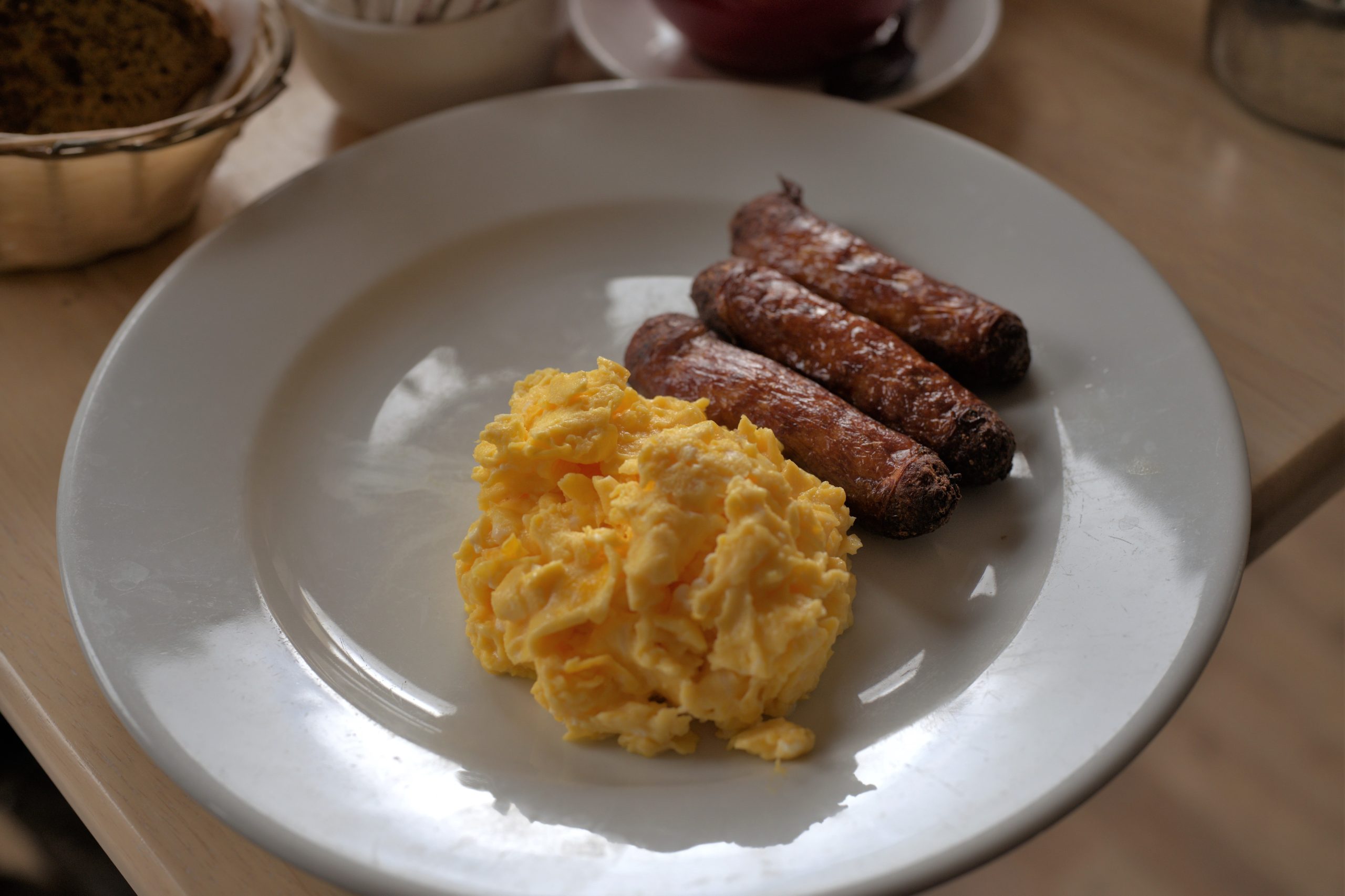 Scramble egg and sausages at Loaves and Fishes
