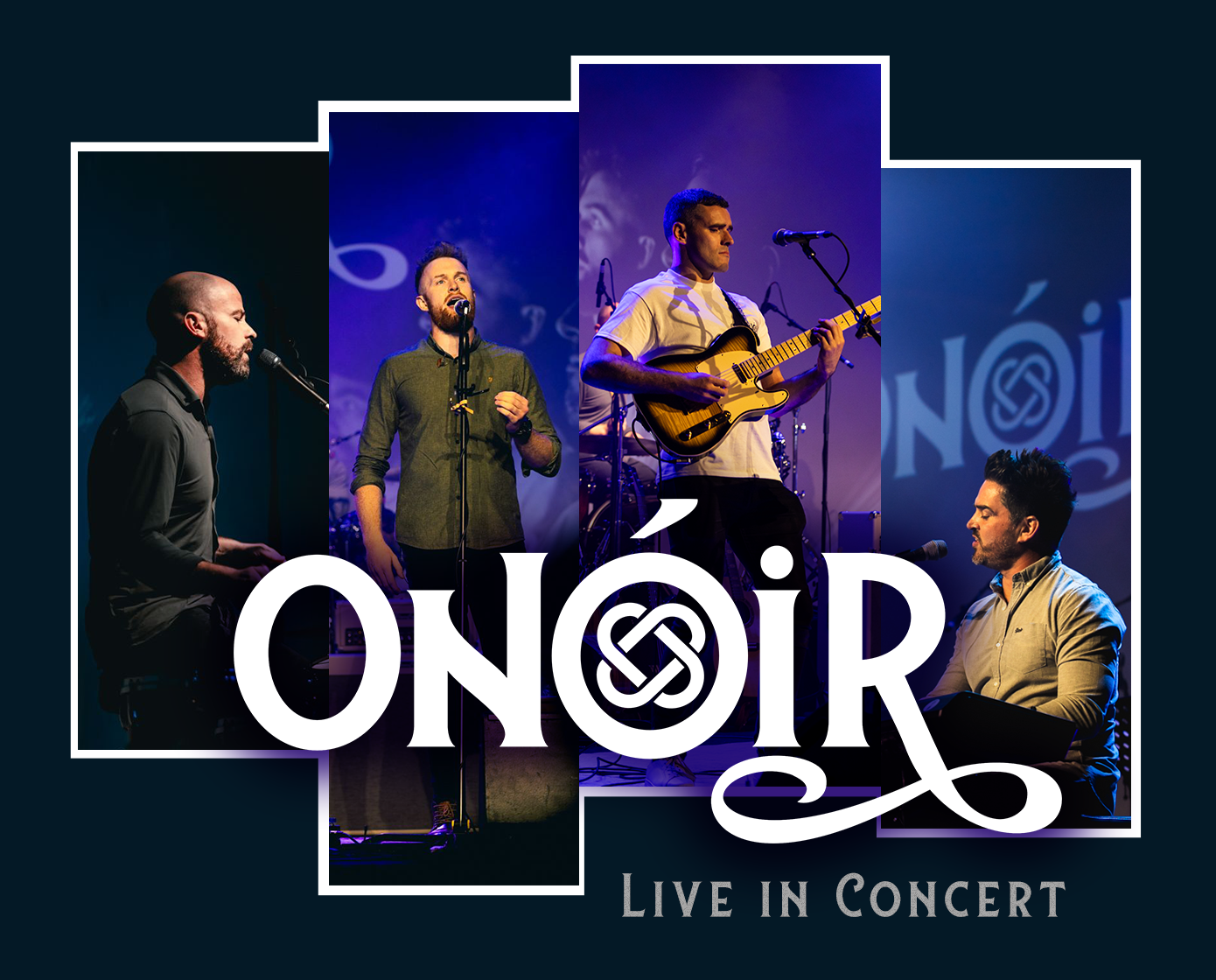 The image is a promotional poster featuring four members of the band Onóir in a live concert setting. The band members are shown in individual frames, each performing with their respective instruments on stage. The central focus is on the band's name "Onóir," displayed in bold, stylized text with a Celtic knot design integrated into the lettering. The background highlights the stage lights and a partial view of the band's logo. The text "Live in Concert" is also featured prominently at the bottom of the image. The keyphrase "Onóir: October 12th" should be noted in any associated description or marketing materials for the event.