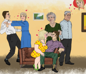 Graphic for Matches and Old Flames by The Crokey Hill Club. The image features three elderly couples in a humorous living room scene. On the left, a woman enthusiastically pulls a reluctant man towards her. The middle couple, seated on a brown couch, shows the woman in a yellow polka-dot dress sitting on the man's lap as they exchange amused glances. On the right, a woman smiles slyly at a slightly uncomfortable man. Pink hearts adorn the scene, adding a romantic touch. A thought bubble in the upper right corner with a younger woman’s face hints at the man’s fond memories or daydreams. The background includes framed artwork, setting the stage for a comedy about love and romance.