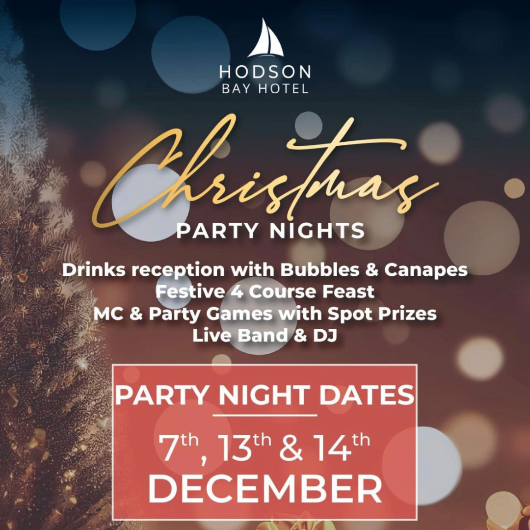 Poster for Hodson Bay Hotel’s Christmas Party Nights on December 7th, 13th, and 14th. The event features a drinks reception, 4-course feast, party games with prizes, and live entertainment. Tickets start from €59. Contact 090 644 2000 or sales@hodsonbayhotel.com for more info.