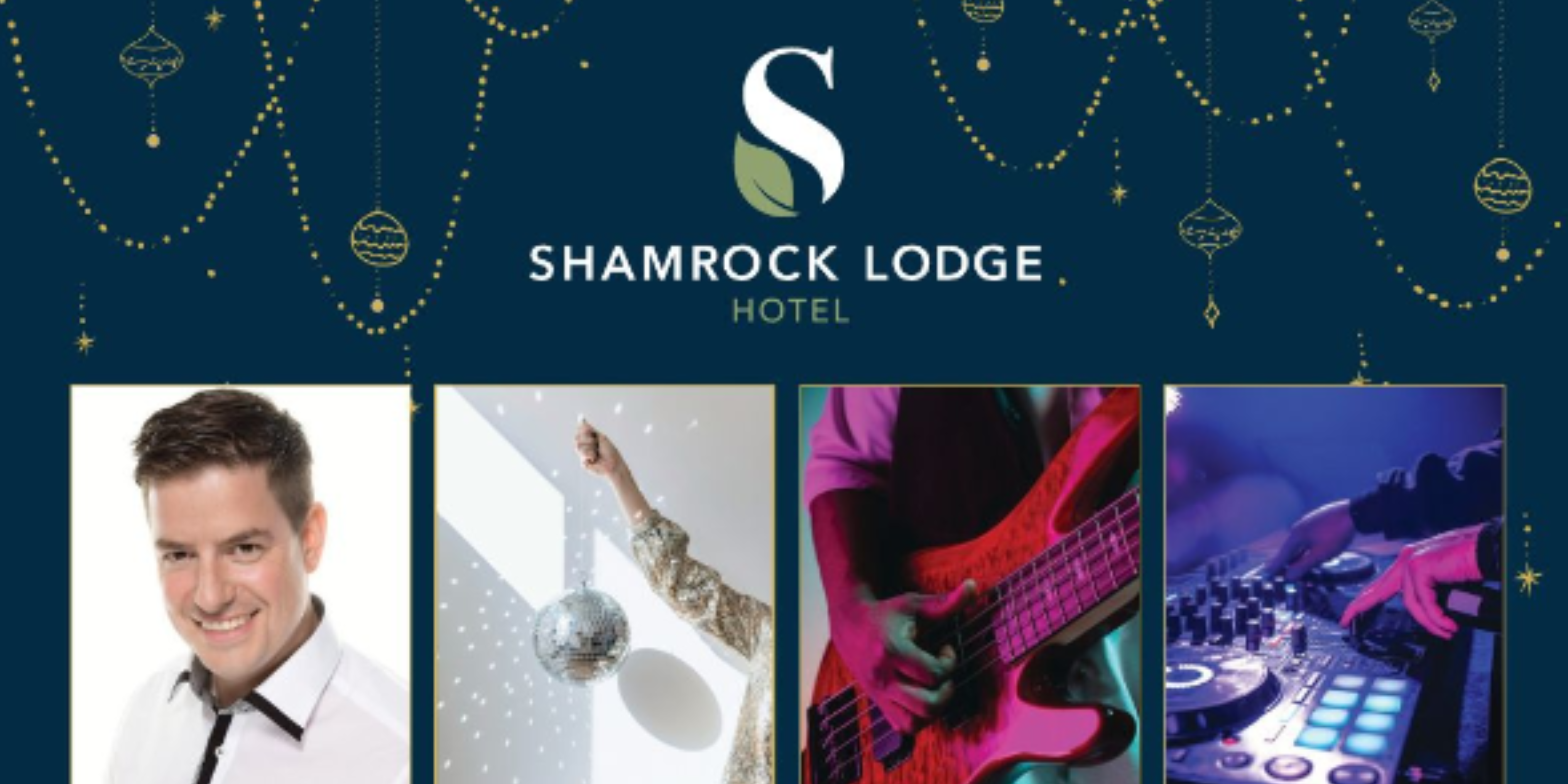 Shamrock Lodge Hotel's 'Party Nights' event poster featuring live music, DJs, and themed disco nights from November 30th to December 20th. The schedule includes performances by Simon Casey, Big Deal, and themed DJ nights. Ticket prices range from €55 to €60 per person. Contact details and website information are provided at the bottom.